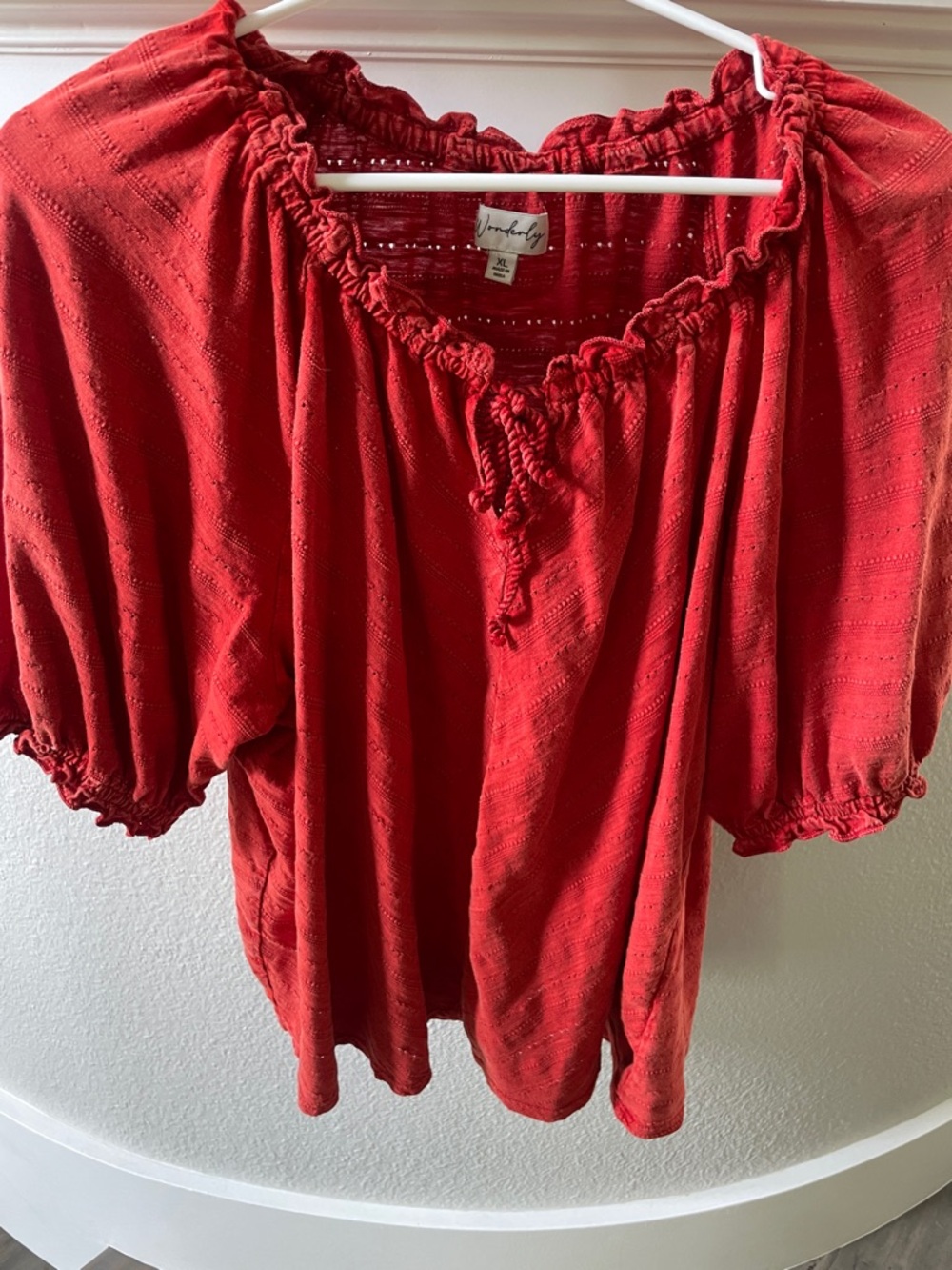 Wonderly Orange-Red Peasant Top with Tie Neck